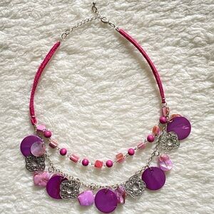 Purple Layered Necklace with Silver & Natural Charms – Y2K Inspired